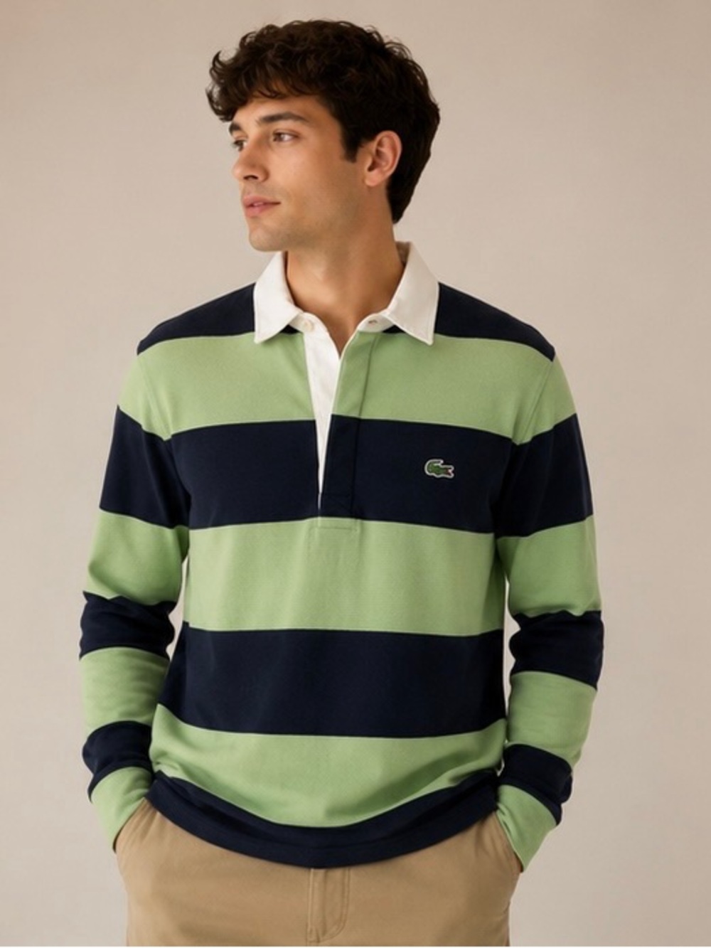 Lacoste Men’s Green & Navy Wide-Stripe Rugby Polo with White Collar